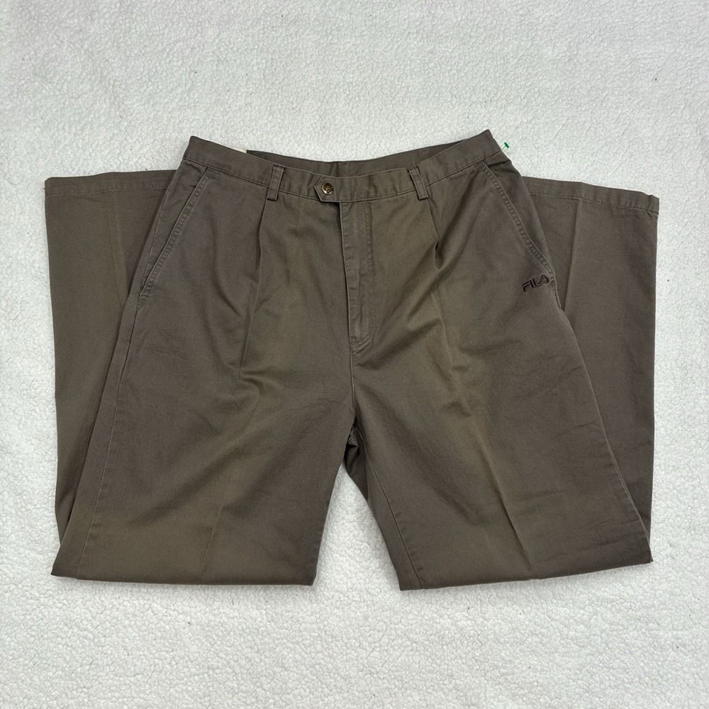 FILA Men's Brown Cotton Pleated Straight Leg Casual Pants, Button Zip, Pockets